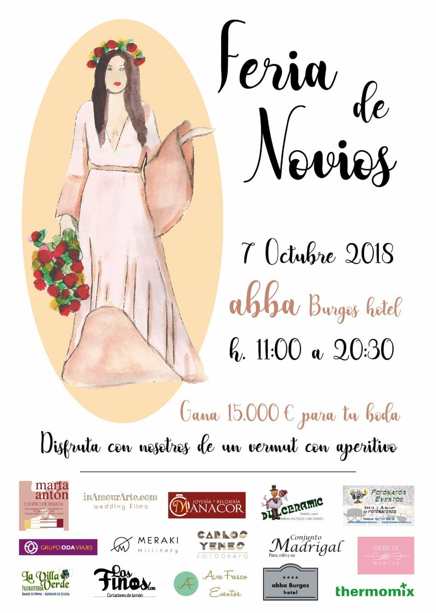 ¿Te casas pronto? ¡El 7/10 tienes una cita con nosotros! 📝😍 Conoce a nuestros colaboradores y disfruta de un vermut con aperitivo en nuestra #FeriaDeNovios, ¡y participa en el #sorteo de 15.000€ para tu #boda! 👏👏 +info ➡️(+34) 947 00 11 00 o abba-burgos@abbahoteles.com