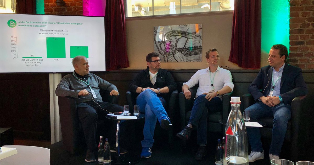 collectAI's tweet photo. Now on stage w/ @Rotero @RalfHeim @KfW_DO is our @MBense - topic: are banks ready for #AI and digitization? #bex18 #bex2018 https://t.co/zoFzMLVRWu