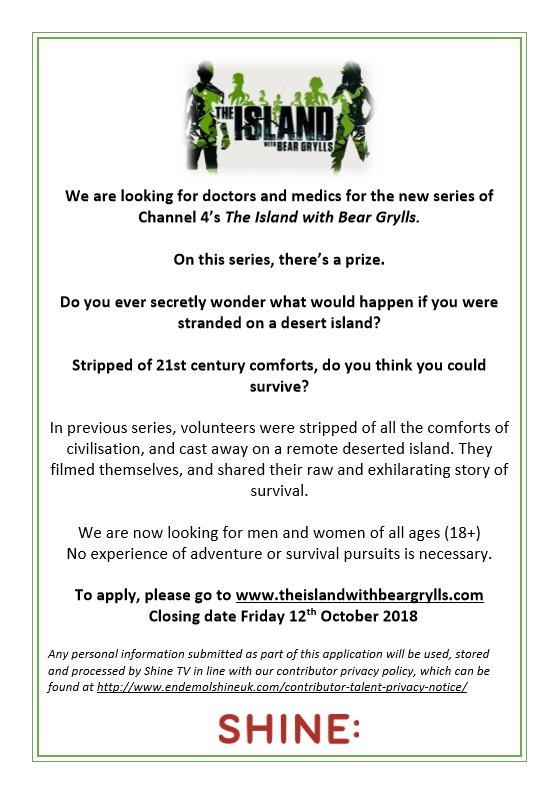BSACdivers's tweet photo. Producers of Channel 4's Bafta winning The Island with Bear Grylls have approached BSAC for contestants! They are looking for doctors and medics for the new series. 
To apply, visit https://t.co/r96iL62U9f - closing date for applications is Friday 12 October 2018. https://t.co/JPFPe6iy8n