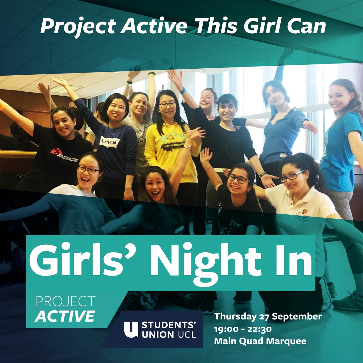 TheUnionUCL's tweet photo. CALLING ALL #GIRLS! Join us for a pumped up session TONIGHT. Yoga, kickboxing, badminton and more - see what you like best and get involved! @iPro.Sport will handing out freebies! #hydratedbyiprosport #thisuclgirlcan #getactiveucl #projectactiveucl https://t.co/SJy0ZeSg8T https://t.co/uFvoWnYfrJ