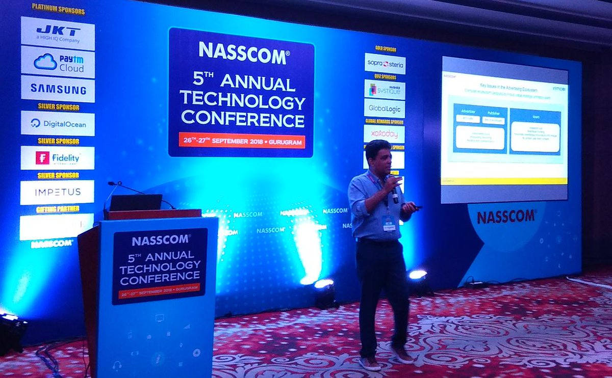 NasscomEvents's tweet photo. Parallel Session 9: Ravi Krishnaswamy (InMobi) takes the stage to talk about "Leveraging blockchain to build trust in digital advertising" at #NASSCOMTechConf 2018 https://t.co/f5FbMLiLkx
