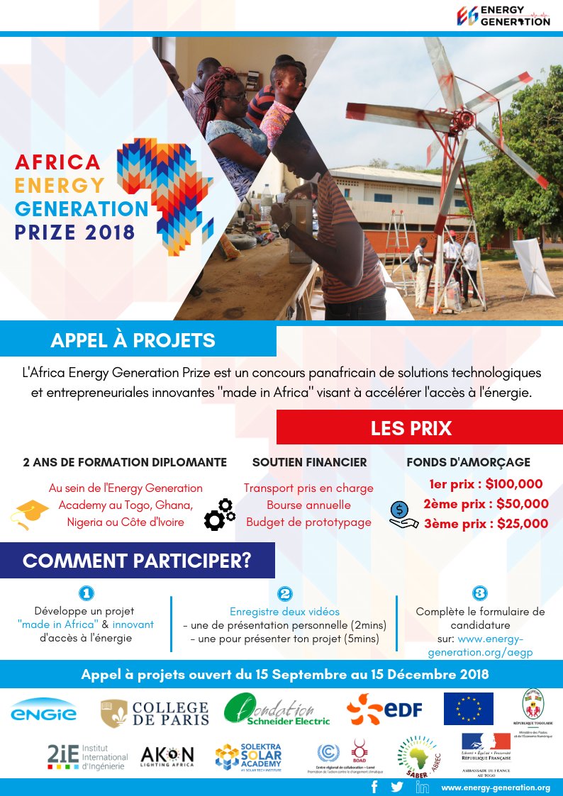 EnergyGenAfrica's tweet photo. 📣[APPEL À PROJETS - AEGP2018]📣 
Compléter le formulaire de candidature ici➡ https://t.co/okqV30yF4j

#AEGP2018 #Act4SDGs #RenewableEnergy #energyefficiency #SEforAll #STEM https://t.co/DmlkvkbHdT