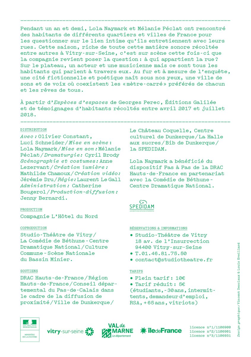 StudioTheaVitry's tweet photo. Prochaine Ouverture(s) publique "Les Rue n'appartiennent en principe à personne" à partir de témoignages d'habitants et d'"Espèces d'espaces" de Georges Perec / Lola Naymark / l'Hôtel du Nord contact@studiotheatre.fr 
du 12 au 15/10/2018 https://t.co/B7x5WVRNY6