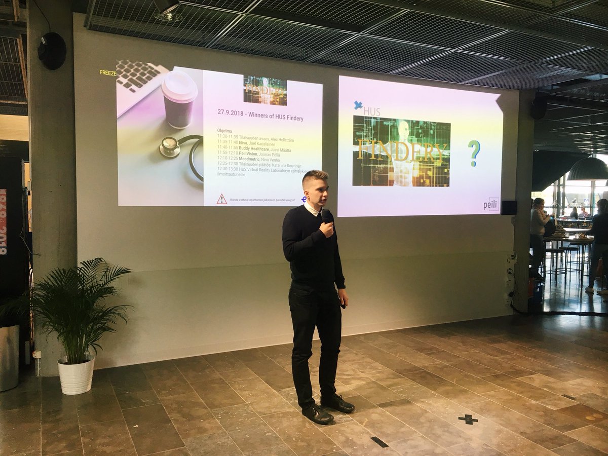 terkko's tweet photo. @HusStartup #Findery ’n toinen puhuja Mikko Kontio @PeiliVision ’ista kehui yhteistyötä HUSin kanssa. ”HUS on kokeluhaluinen ja tutkimusmyönteinen organisaatio, jonka kanssa startupin on hyvä kehittää toimintaansa”. https://t.co/6FyQCqsxet