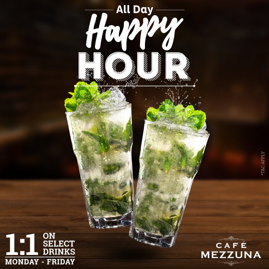 CafeMezzuna's tweet photo. Happy Hours at Mezzuna. 
Avail the 1:1 offer on selected drinks and 2:1 offer on select brands all day. Kick away the boring midweeks with Mezzuna. 
#CafeMezzuna #Weekday #Buffet https://t.co/Cm98oOImu9