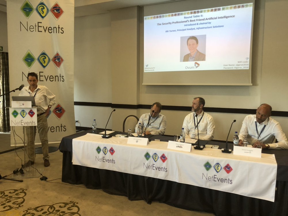 NetEventsTV's tweet image. #NetEvents18 round table 2: “The #Security Professional’s Best Friend. #ArtificialIntelligence” chaired by #rikturner  of @Ovum. Panellist @JanGuldentops #BAtestlabs, #SimonCrumplin #Secrutiny and @rpollock @ZiftenInc