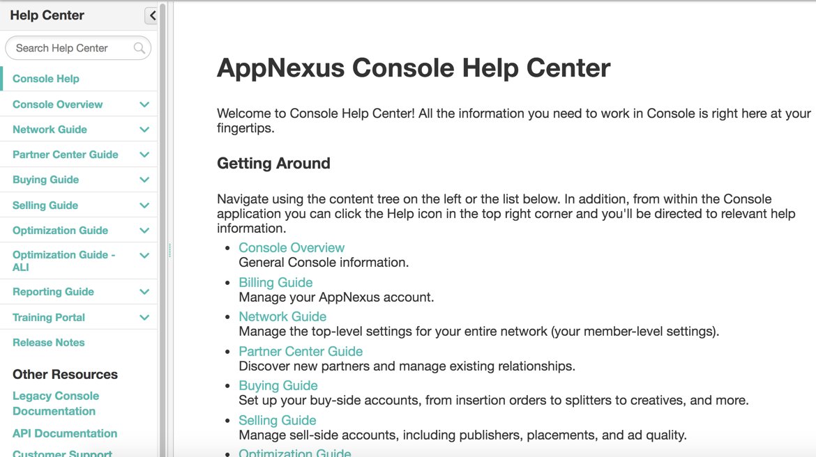 appnexus_docs's tweet photo. Get help where you need it, when you need it. Log in to #AppNexus Console and all the Console docs are there, no additional login required. Learn more: https://t.co/NikDRxJLGj #xandr https://t.co/pWOEs1BkLW