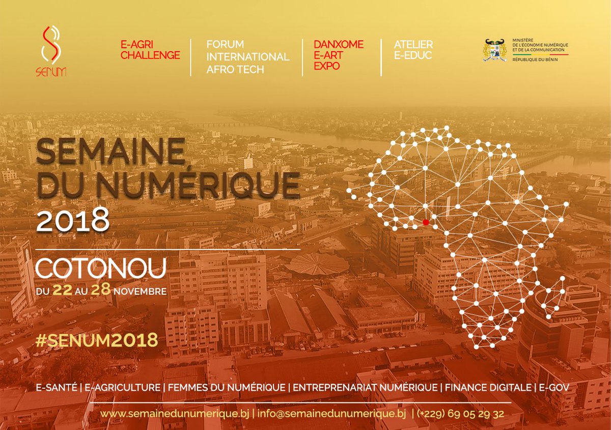 Senum_Benin's tweet photo. Prenez le RDV dès maintenant pour la SEMAINE DU NUMERIQUE au #BENIN du 22 au 28 nov. 2018 qui se déroulera à travers plusieurs activités proposés par le gouvernement et les acteurs privés. Plus d'infos sur https://t.co/zBoGLdVQRO @Benin_Numerique @absucep @assibenin @africa_aitex https://t.co/xLLh7cZwBb