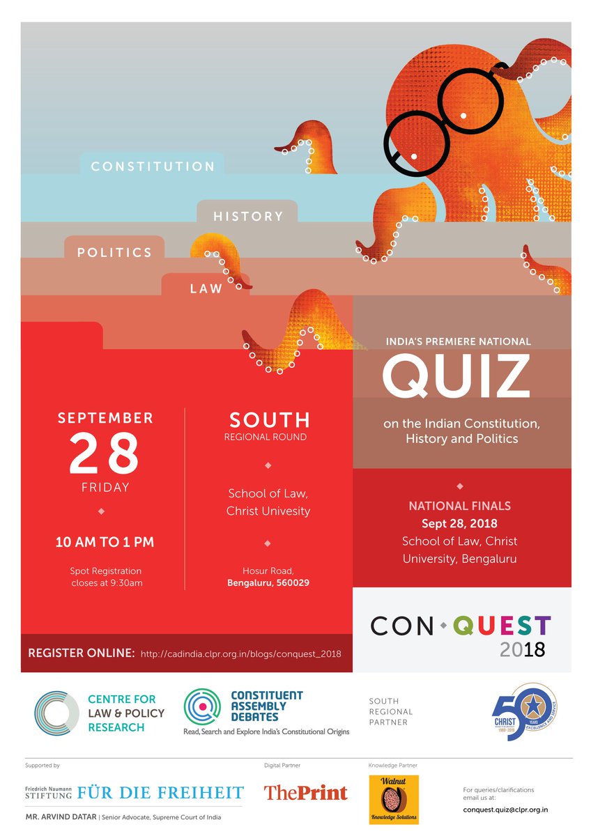 CLPRtrust's tweet photo. Come join us tomorrow at 10.00 A.M. at School of Law CHRIST, Bangalore and be a part of South Regional Rounds of ConQuest 2018.

Have you registered yet? If not do now: https://t.co/ukQn5pSh7S

#ConQuest2018
@FNFSouthAsia @ThePrintIndia @askwalnut https://t.co/2QyJCnrgOl