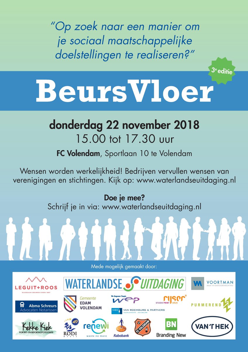 Kom je ook?
Vertegenwoordig je een vereniging, stichting of een bedrijf dan kan je meedoen met de Beursvloer! 
Meld je aan op: waterlandseuitdging.nl