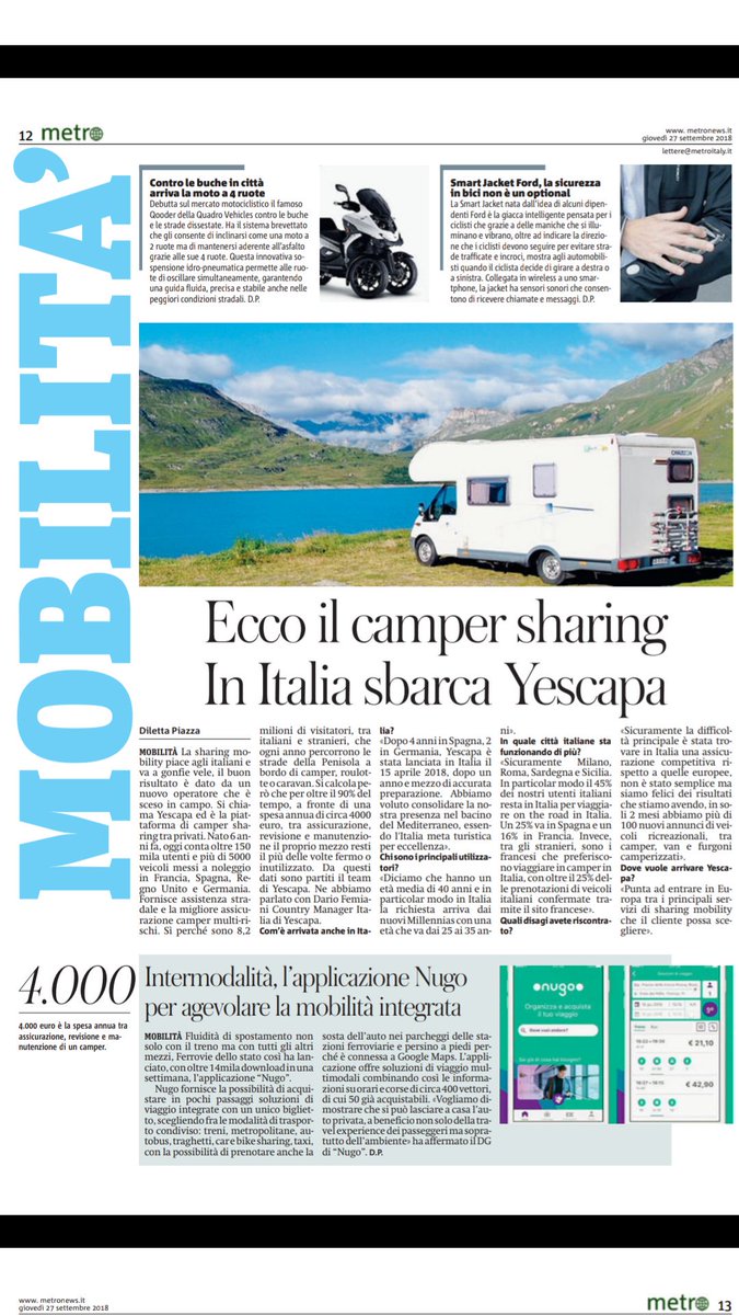 dilepiazza's tweet photo. Oggi su @MetroNewsItalia conosciamo il camper sharing @Yescapa, l'app #Nugo di @fsnews_it, la moto a 4 ruote @Quadro4motion e la Smart Jacket di @Ford https://t.co/XHIDFz4scq