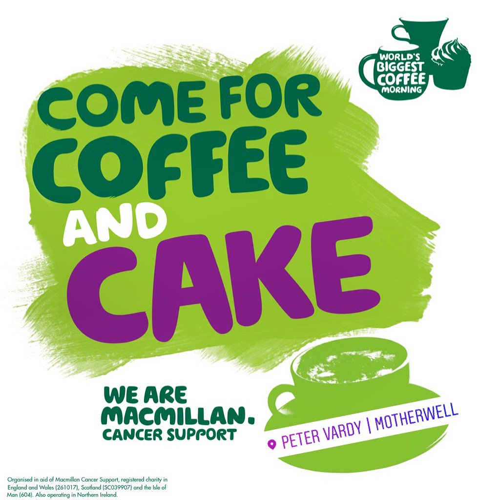 PVMotherwell's tweet photo. 🍰We are holding a Macmillan Coffee Morning tomorrow &amp; Saturday!!🍰 We welcome everyone to pop down to our branch; there will be cakes for sale and a charity box for donations! 🍰🥧 All donations are much appreciated and will be sent straight to Macmillan ❤️ #macmillan https://t.co/A8eLxtZQMd