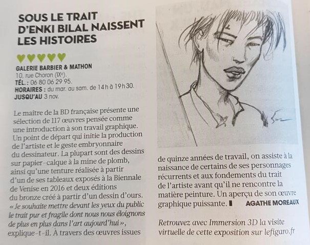 GalerieBarbier's tweet photo. L'exposition Graphite in progress (2) de Enki Bilal est dans le @Figaroscope de cette semaine. Exposition à découvrir jusqu'au 3 novembre ! #enkibilal #graphiteinprogress https://t.co/JQyXVIzX67