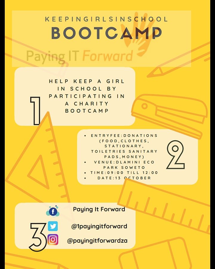 1payingitfoward's tweet photo. We are hosting our first charity boot-camp. All donations will help #keepagirlinschool. PLEASE RT!!! The more participants we get the more girls we can help. https://t.co/zoJWxGdL99