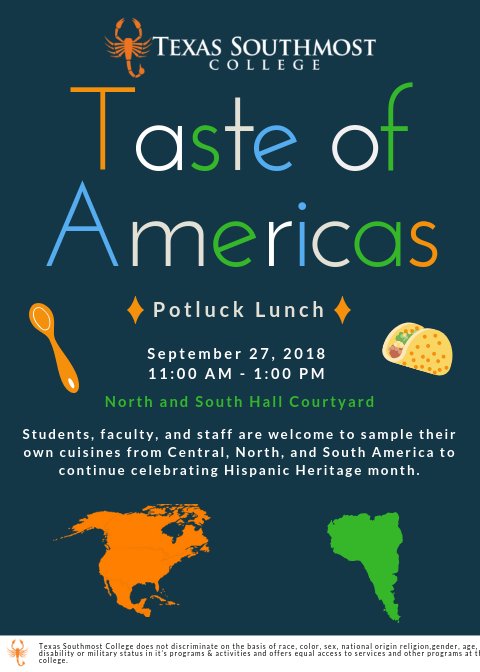 TSCStudentLife's tweet photo. Ready to try delicious cuisine from North, South and Central America? We're celebrating #HispanicHeritageMonth and your tastebuds are invited! https://t.co/Ak2DzpUf6n