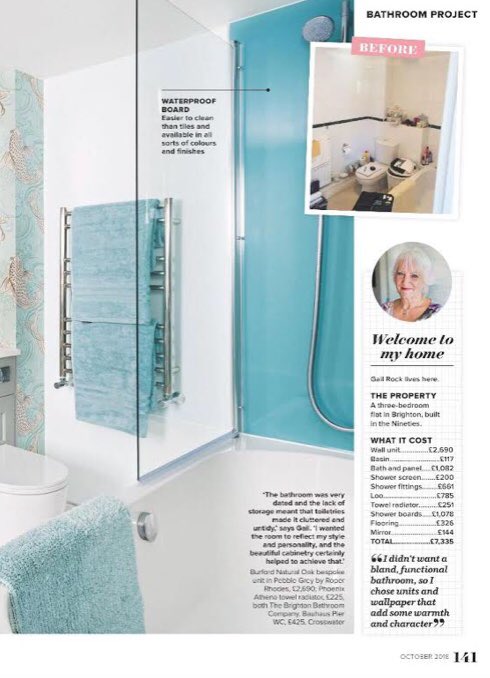 brightonbathco's tweet photo. We’ve featured in Ideal Home - again! October’s issue features the clever Rosie Proto, who helped Gail transform her narrow bathroom into a stylish, streamlined space which reflects her personality. #idealbathroom https://t.co/RKoPBc3Mv4