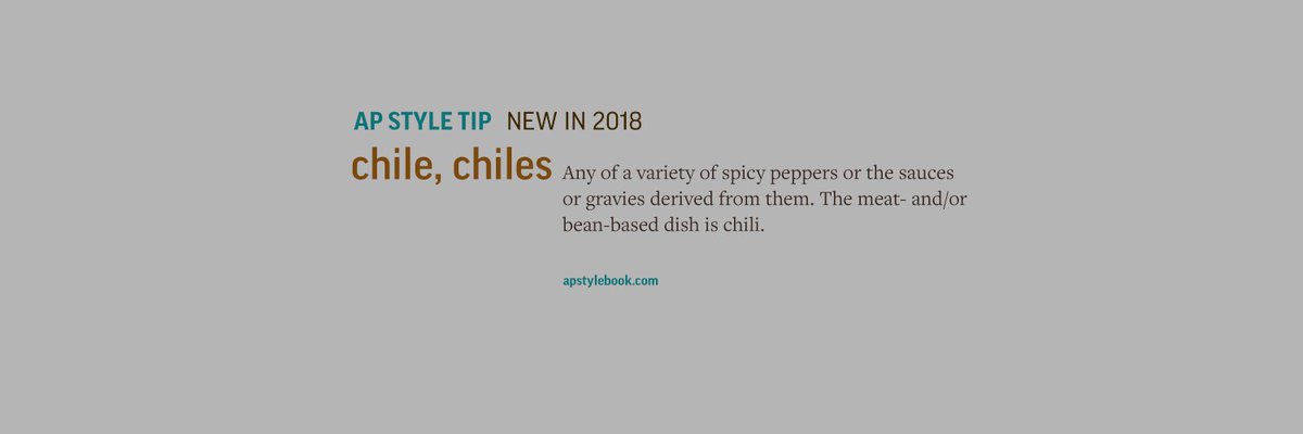 APStylebook's tweet photo. If you're eating green or red chile sauce, that's with an e at the end.
If you're eating a bowl of chili with beef and cumin, it ends with an i.
We updated our entry this year to reflect passionate views about both. https://t.co/LATLx4drEl
