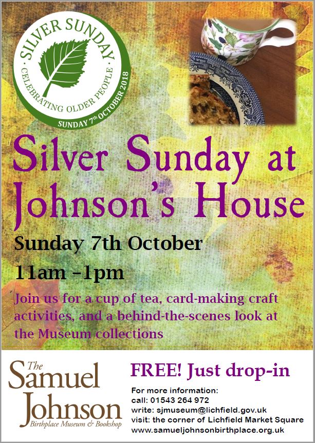 SamuelJohnsonBM's tweet photo. On Sunday 7th October, the Museum will be celebrating #SilverSundayUK by hosting a range of free activities from 11am until 1pm for our older visitors to enjoy. If this sounds like something you or someone you know might be interested in, stop by and pay us a visit. https://t.co/ZYJt8gT3Pf