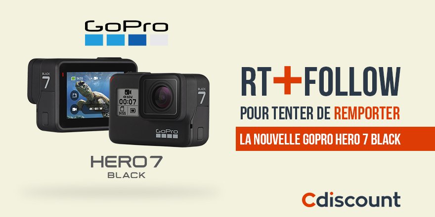 Cdiscount's tweet photo. 🎁 #Concours 

👌 À gagner : la nouvelle #GoProHero7Black

👉 https://t.co/pmpjrRxWZd

🔸 Pour tenter votre chance : 
RT + Follow @Cdiscount

☑️ TAS 03/10 https://t.co/oHxihqBpZS