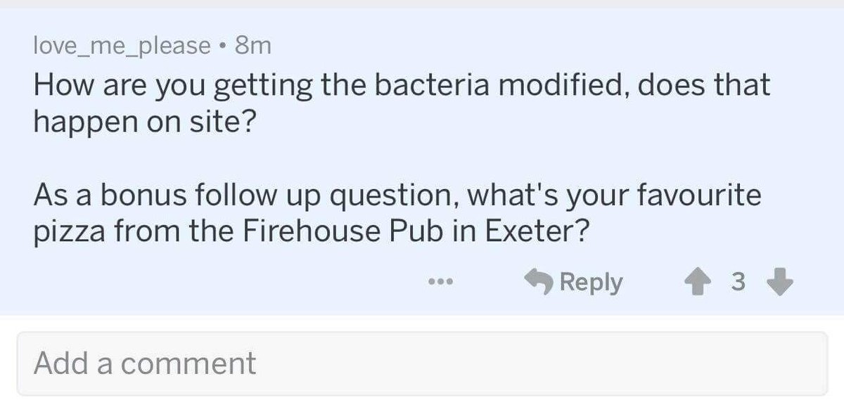 exeter_igem's tweet photo. Thanks for sending in your questions so far -keep them coming! The pizza debate can be divisive. A diplomatic answer requires time and meaningful contemplation (...definitely the vegetarian classic) #exeteriGEM #AMA https://t.co/QNBYzhxdBL