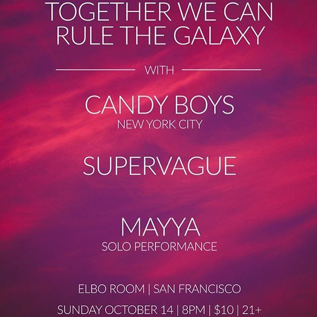 Coming back to SF next month! Can’t wait to play with <a href="/twcrtg/">Together We Can Rule the Galaxy</a> @supervagueband <a href="/m/">Mika</a>.and.the.rhy 
10/14 @ Elbo Room on Valencia!
🍭🍭