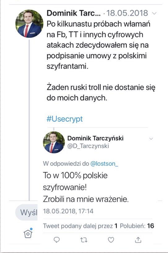Zyrek00's tweet image. Na politykach apka #UseCrypt robi wrażenie. W 100% polskie szyfrowanie 🙂