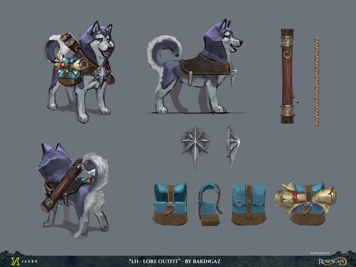jagexBakingaZ's tweet photo. I'm happy to show some concepts I did for the lorehound with the respective outfits. It goes without saying that I had a lot of fun creating this good boy. Thanks to @Jagexdamo @JagexPaulB @JagexWing @JagexAlec for bringing him to life #lorehound #runescape #doggo @RuneScape https://t.co/24955ce2YX