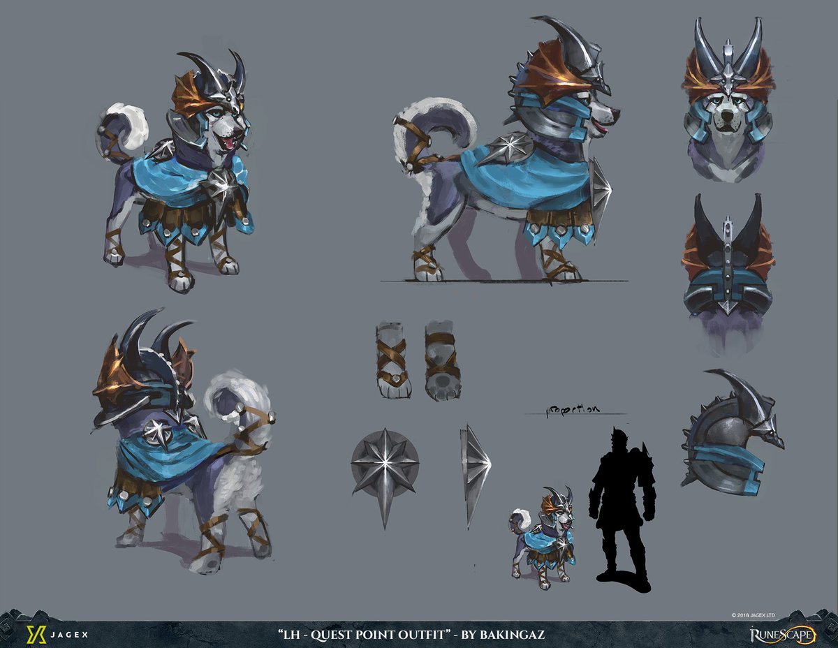 jagexBakingaZ's tweet photo. I'm happy to show some concepts I did for the lorehound with the respective outfits. It goes without saying that I had a lot of fun creating this good boy. Thanks to @Jagexdamo @JagexPaulB @JagexWing @JagexAlec for bringing him to life #lorehound #runescape #doggo @RuneScape https://t.co/24955ce2YX