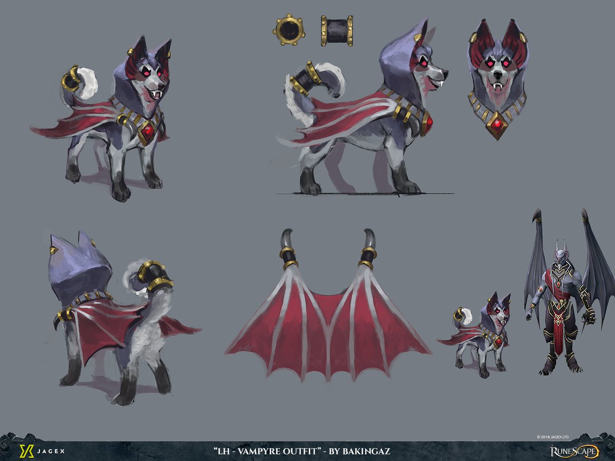 jagexBakingaZ's tweet photo. I'm happy to show some concepts I did for the lorehound with the respective outfits. It goes without saying that I had a lot of fun creating this good boy. Thanks to @Jagexdamo @JagexPaulB @JagexWing @JagexAlec for bringing him to life #lorehound #runescape #doggo @RuneScape https://t.co/24955ce2YX