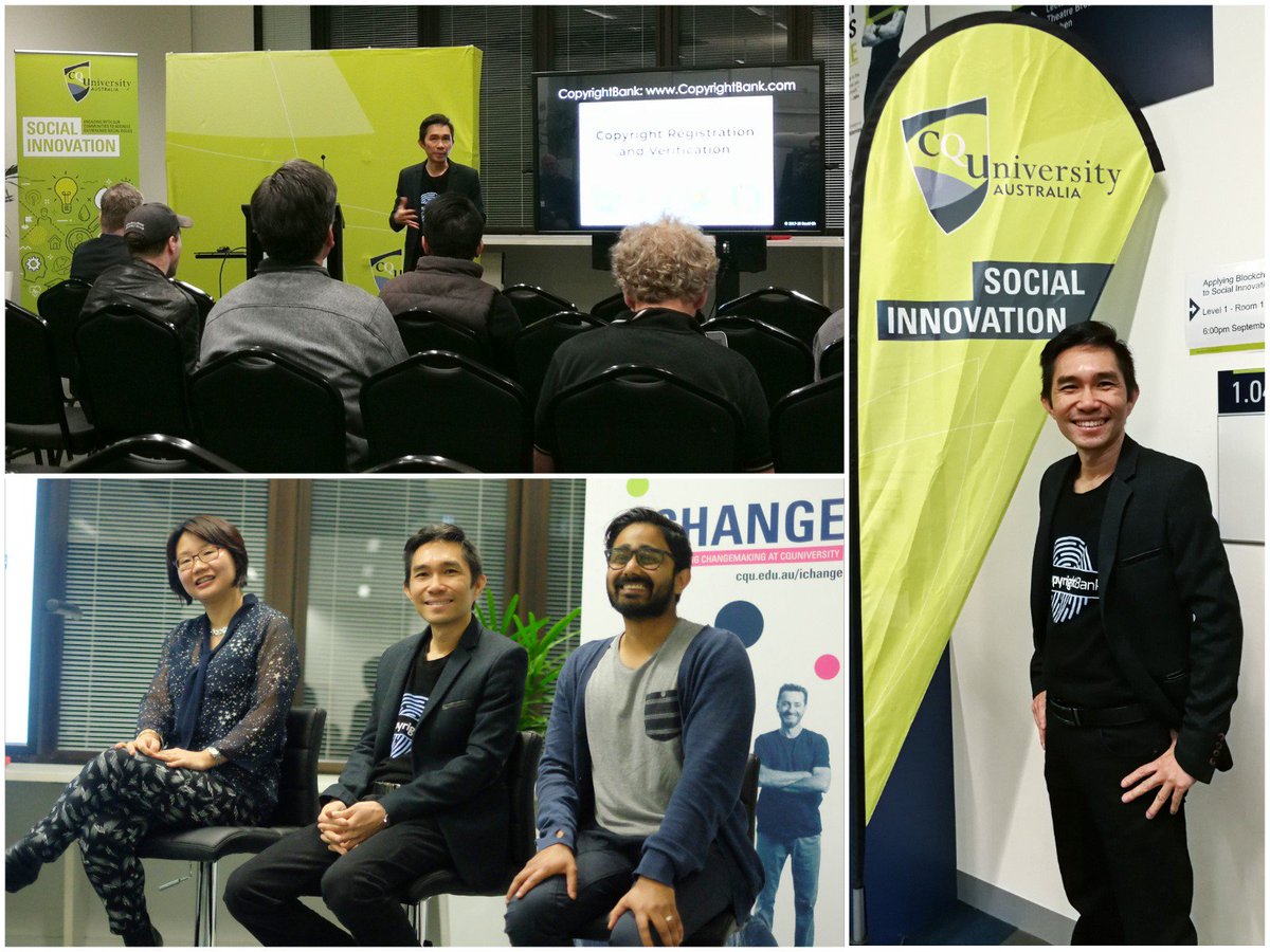 MyCopyrightBank's tweet photo. Our CEO and Founder, David Oh, was a speaker and panelist at the Blockchain for Social Impact workshop last week at @CQUni.
#blockchain #socialimpact #socialinnovation #blockchainforimpact #CopyrightBank https://t.co/yAzU9M0LVS