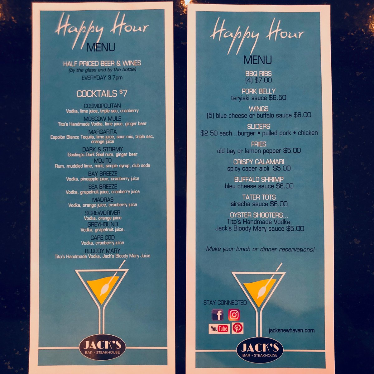 jacksnewhaven's tweet photo. It’s 5 o’clock somewhere!
Join us for Happy Hour everyday from 3pm-7pm. 
50% off  beers &amp; wine glasses
$7 cocktails 
Delicious Happy Hour Menu
#newhaven #happyhour #jacksnewhaven https://t.co/OAGvYKRp8h
