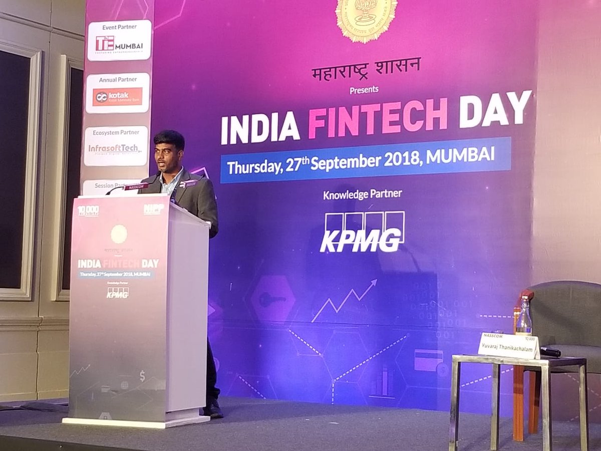 nasscomstartups's tweet photo. .@YuvarajT, Senior VP, @krypctalk, comes up on the #IndiaFinTechDay2018 stage to share his take on #Blockchain for #Banking. https://t.co/ncebtRYEqM