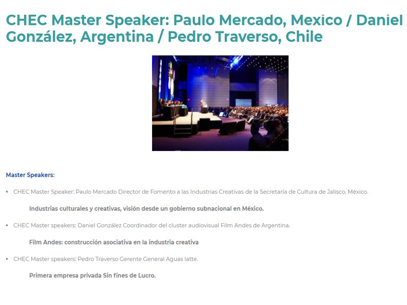 ¡Con 💪 este 2⃣ día de #MercadoCHEC! En 1⃣ hora ➕ parten las 🗣 de Paulo Mercado, Director de Fomento a las Industrias Creativas, Secretaría de Cultura de Jalisco, 🇲🇽; de Daniel González, Coordinador de Film Andes de 🇦🇷; y de Pedro Traverso, Gte. Gral Aguas Late! de 🇨🇱