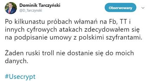 BartoszSportowy's tweet image. Tarczyński też trzęsie portkami, obawia się ruskich dlatego instaluje aplikację #UseCrypt
