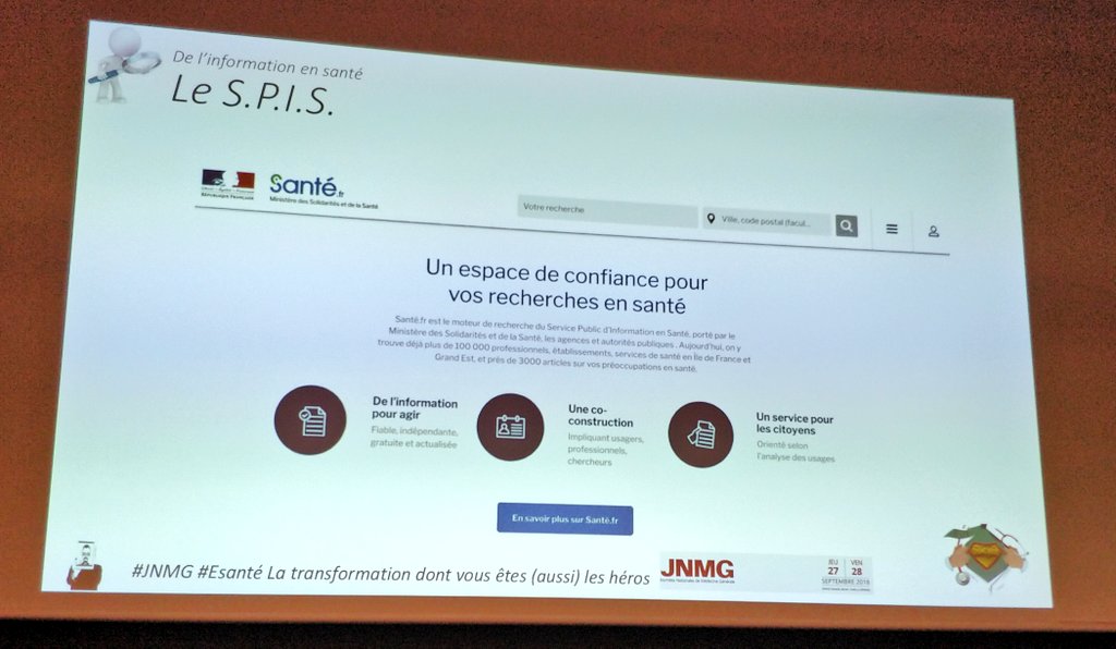 Dlalande75's tweet photo. #JNMG2018 "Une alternative réelle à Google : le site https://t.co/Jhx9y74fgd - le SPIS pour avoir des informations médicales validées &amp; développé par @MinSoliSante" @LionelREICHARDT #hcsmeufr #infosante #patient  #TransformationDigitale https://t.co/anqO3D7bOy