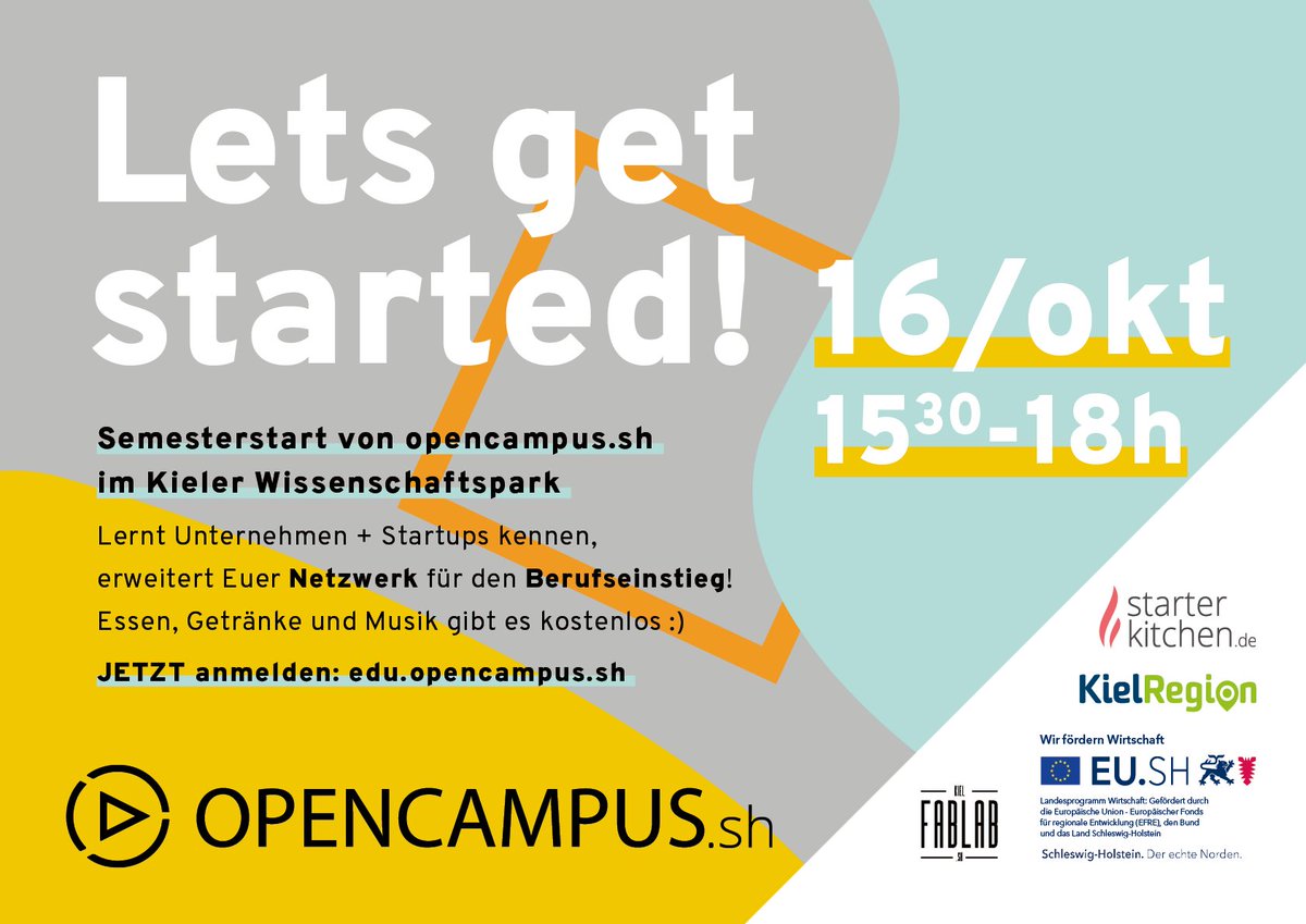 opencampus_sh's tweet photo. Es geht wieder los✌️ Wir laden Studierende, Angestellte + alle Interessierten ein, Eure beruflichen Potentiale in @KielSailingCity kennenzulernen! Mit dabei sind @ariva, @PPIAG, @bspayone, @VaterGruppe, @starterkitchen uvm! JETZT kostenlos anmelden: https://t.co/1TnsSRZ5sj https://t.co/KL8dkOgS4I