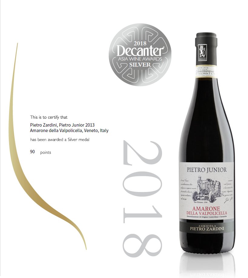PietroZardini's tweet image. Our Amarone della Valpolicella Pietro Junior has been awarded the silver Medal by the tasting commission of @DecanterAsia! #90points #DAWA2018 #Decanter #amarone