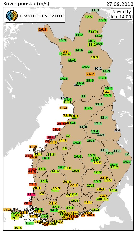 meteorologit's tweet image. #Kuisma-#myrsky laantuu lännestä alkaen, mutta vielä lähituntien ajan tuuli on hyvin puuskaista maan kaakkoisosassa. Yleisesti on mitattu myrskypuuskia (yli 21 m/s) ja yksittäisiä vahinkoja on siten syntynyt runsaasti.