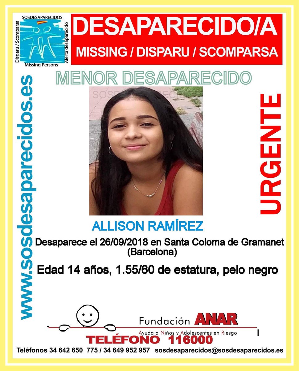 🆘#MUYURGENTE⚠️ 

Esta es Allison, una #menor que ha #desaparecido en Santa Coloma de Gramenet  #Barcelona

Si la has visto llámanos
 ☎062 
 ☎112 

Tu RT no cuesta nada y puede ayudar mucho