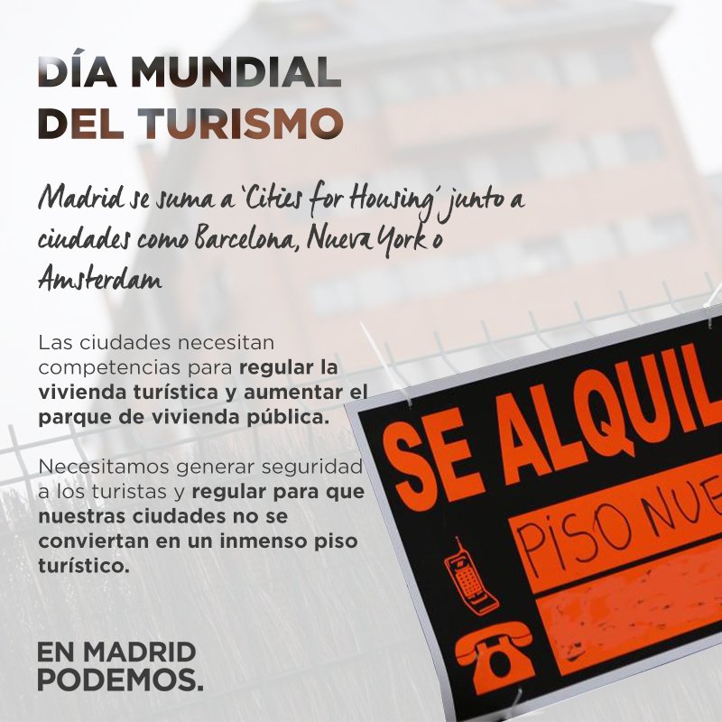 En Madrid, al igual que otras capitales como París, Barcelona, Nueva York, Lisboa o Londres, lo tenemos claro: es necesario regular las viviendas de uso turístico para lograr un turismo sostenible. #DiaMundialdelTurismo #Citiesforhousing