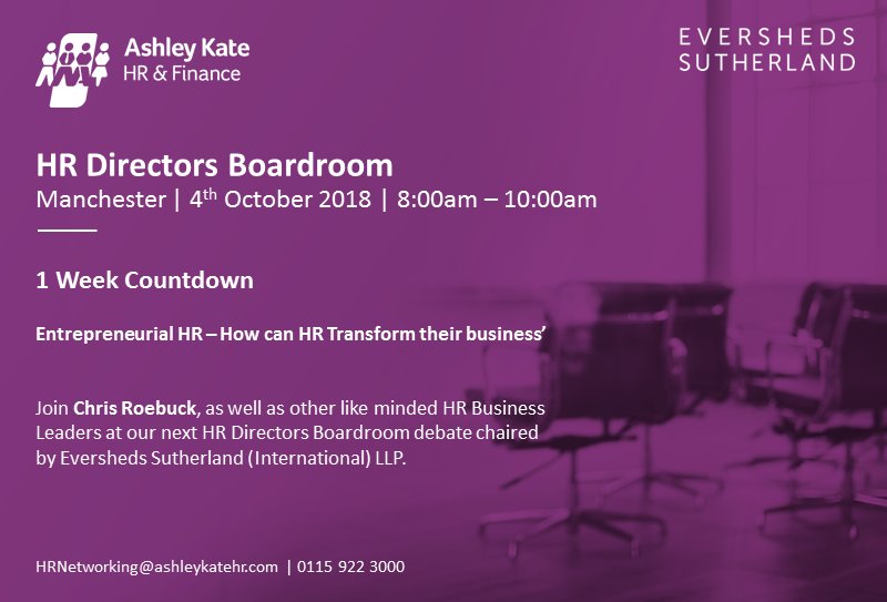 AshleyKateUK's tweet photo. There's just 1 week to go!! We look forward to seeing our attendees for a brilliant debate with Chris Roebuck! Be aware this event is fully booked but get in touch if you're interested in attending any of our other events! #HRNetworking #HRDB https://t.co/cFO1FrAimX