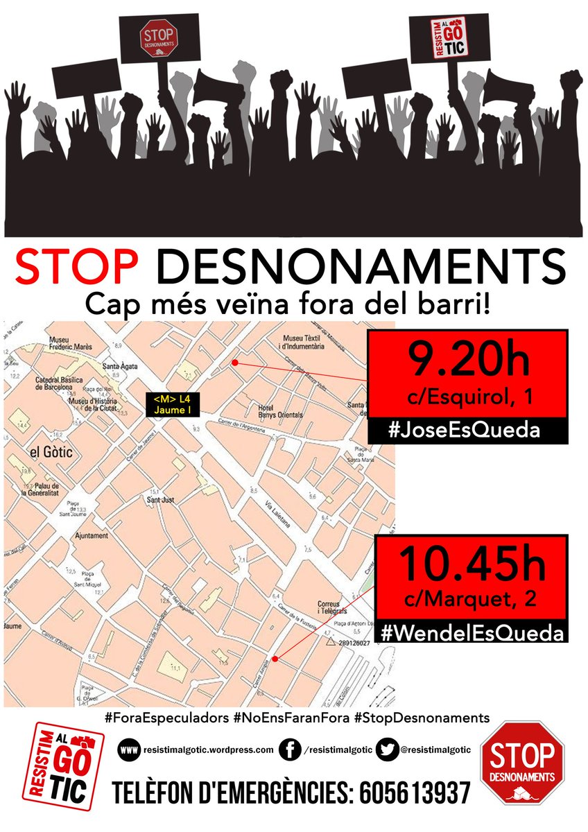 resistimalgotic's tweet photo. 📢[ALERTA DESNONAMENTS]📢

Demà divendres 28S, 2 desnonaments al barri!

- 9.20h c/Esquirol, 1 #CascAntic #JoseEsQueda

- 10.45h c/Marquet, 2 #Gòtic #WendelEsQueda

Cap veïna més fora del barri!
#StopDesnonaments #NoEnsFaranFora https://t.co/FeeELRvcWA