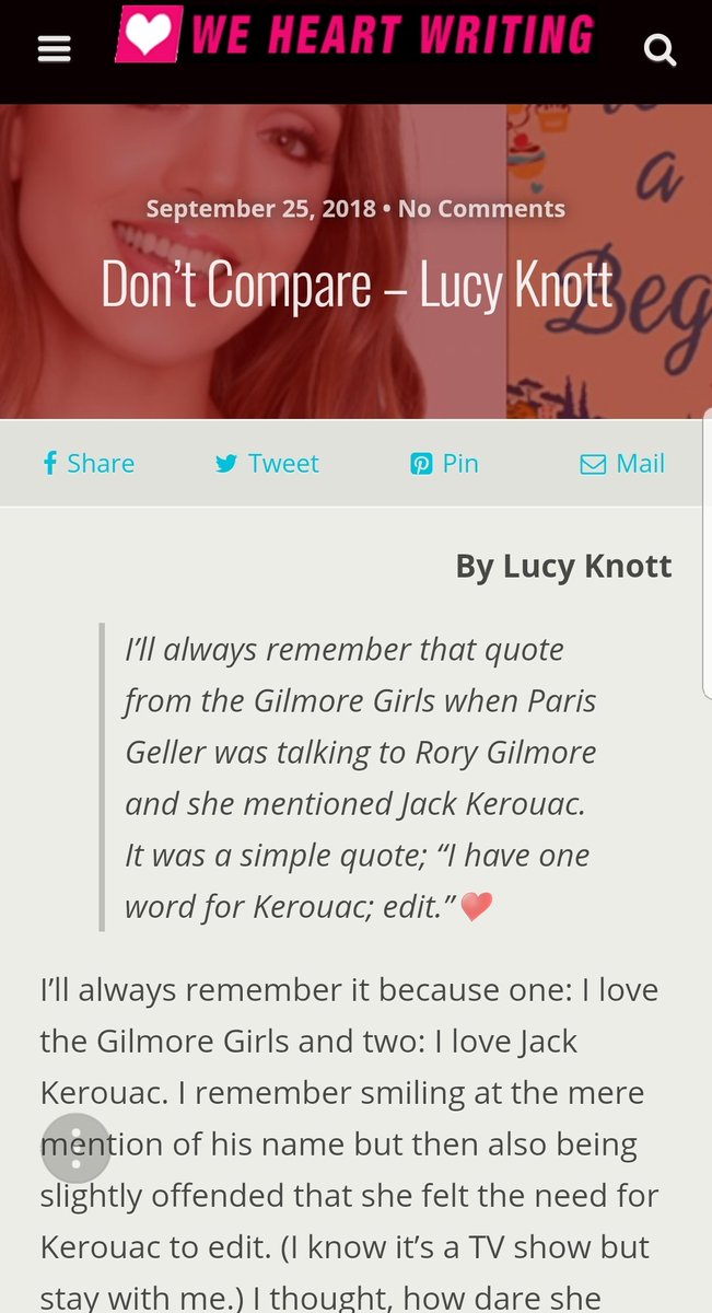LucyCKnott's tweet photo. I loved writing this article for #weheartwriting I talk about The Gilmore Girls &amp; Jack Kerouac &amp; what they taught me about being a writer! 🙏

https://t.co/UNmTVGvyxA

@chicklitclub #amwriting #lovetowrite https://t.co/BUTz0N6UkD