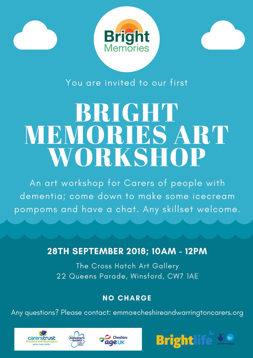 We have an Art Workshop tomorrow 10am -12pm (Friday 28th September)

It would be great if we could meet some new carers, and also meet with those we already know so if you are free, please come on down!

#brightmemories7 #winsford #dementia #dementiacarers #winsforddementia