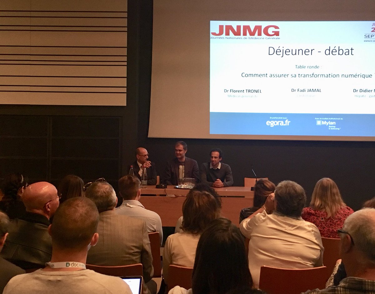 BastieFrederic's tweet photo. Médecins : Comment assurer sa transformation numérique ?

Le débat est ouvert avec les Dr Didier Mennecier @Hepatoweb Dr Fadi Jamal @izycardio et le Dr Florent Tronel #ECGclic 
Avec @LionelREICHARDT et de nombreuses questions des médecins  présents.
#JNMG2018 #mylan https://t.co/4BDJy94MDK