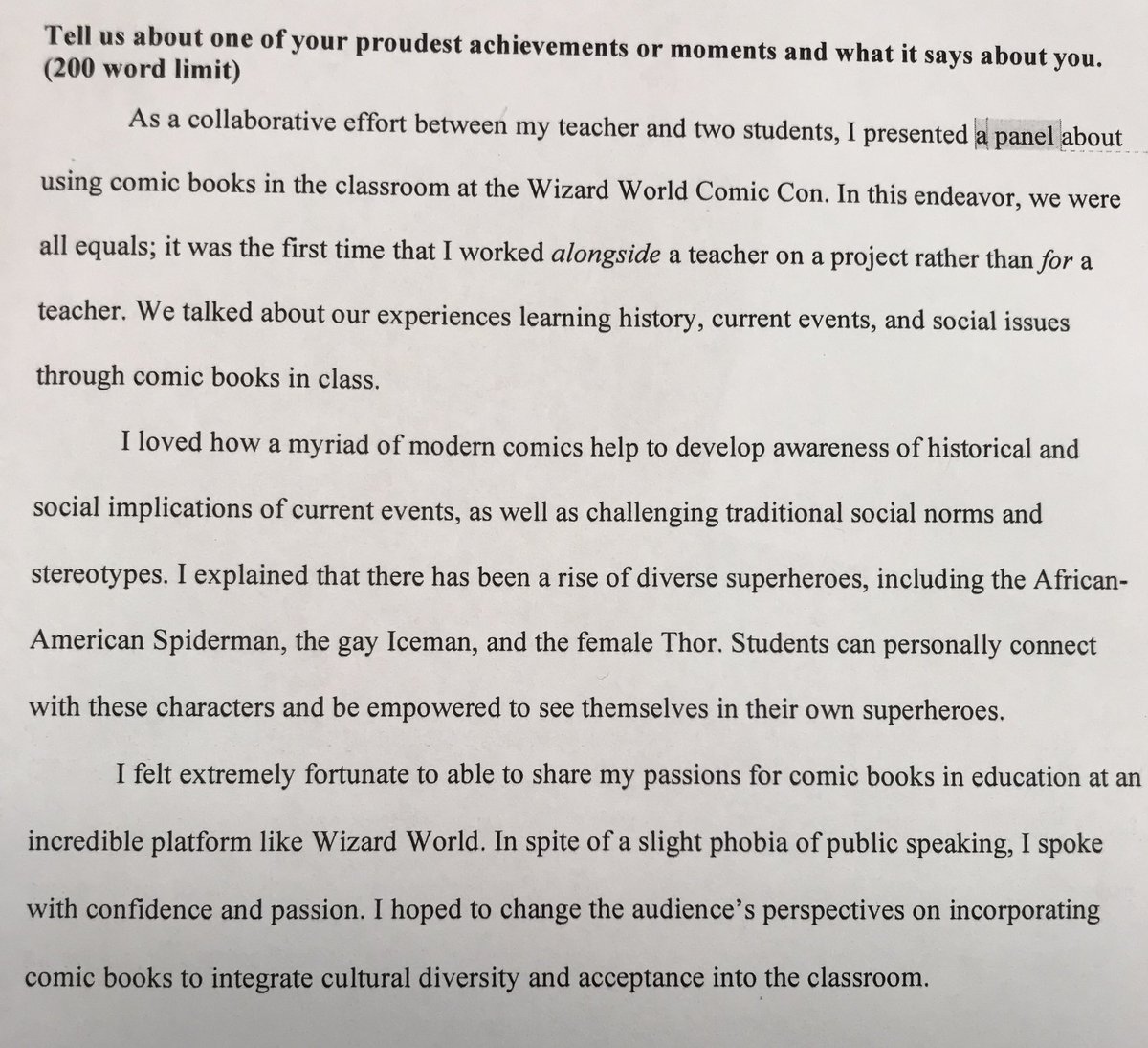 historycomics's tweet photo. I am beyond moved. When a senior only has 200 words to write on a college application about her proudest achievement, and she chooses this moment... #whyiteach https://t.co/aTZy9NfLOS