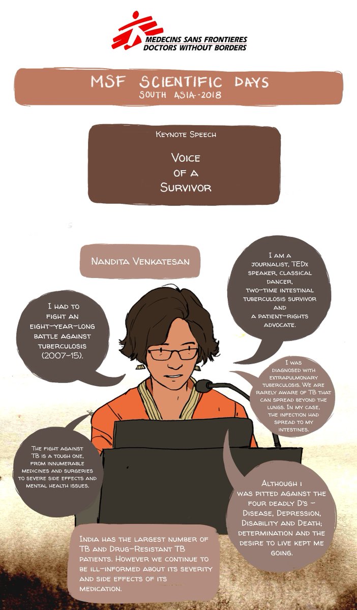 MSF_SouthAsia's tweet photo. We know you're still thinking about the incredible speech by @nandita_venky on her long journey to overcoming #tuberculosis . Re-live her moving speech and all the conversations that happened at #MSFsciSA 2018 through these beautiful illustrations. https://t.co/RplRgradpN https://t.co/gPfSZQhoZx