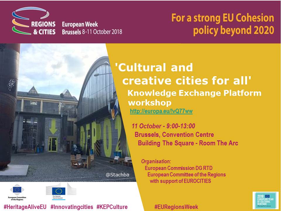 Last places available for <a href="/EU_CoR/">European Committee of the Regions</a> <a href="/H2020/">Reggie Revels</a> workshop on #culturalheritage for all at #EURegionsWeek! Our excellent speakers @stachba <a href="/PierLuigiSacco/">PierLuigiSacco🇺🇦 same in the blue place</a> @catherincullen on <a href="/InnovatingCitie/">Innovating Cities</a> with culture and creativity #Innovatingcities #HeritageAliveEU Register europa.eu/!vQ77ww
