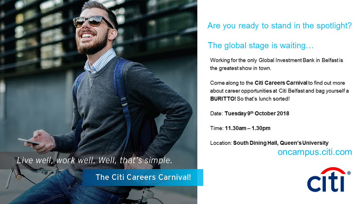 QUBCareers's tweet photo. Come along to the Citi Careers Carnival to find out more about career opportunities at #CitiBelfast and bag yourself a burrito! Come and meet them to hear more about open roles and #LifeatCiti

Register now! https://t.co/g4qkHj3pep https://t.co/bueHUasyto
