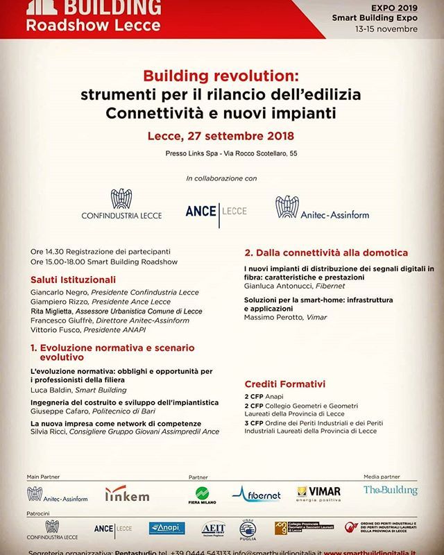 ConfindustriaLe's tweet photo. Tutte le novità dello smart building nel road show promosso da @anitecassinform @confindustrialecce e @ancelecce #buildingrevolution
#building #smartbuilding #future
#lecce CAMBIO SEDE: l'evento si terrà presso LINKS SPA h. 14.30 https://t.co/nMvHY1QeQV https://t.co/qecAiPlUt2